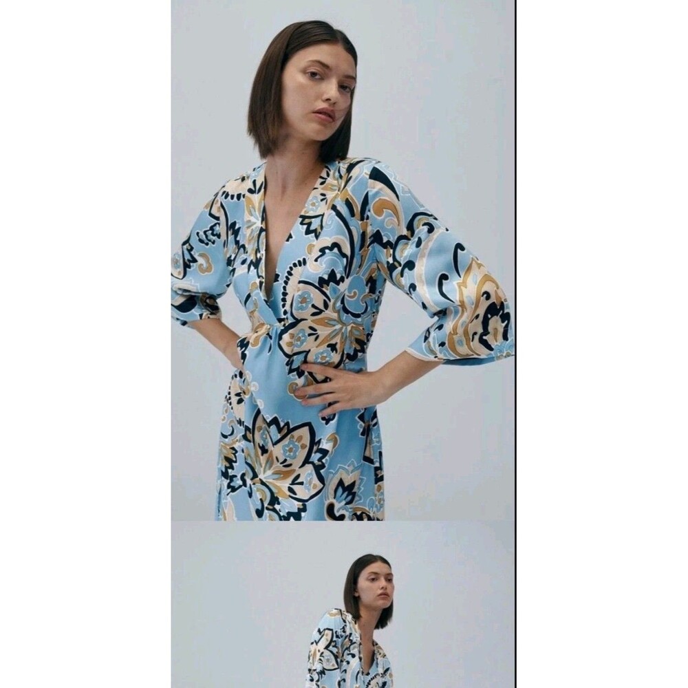 Zara Light Blue Printed Midi Dress Small S Kaftan V-Neck Summer Boho Resort Wear